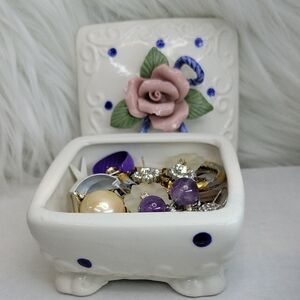 Floral Ceramic Jewelry Box with Earrings